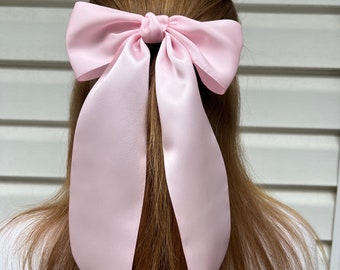 Large light pink satin coquette hair bow, long tail bow, pink satin barrette, oversized bow, luxe, teen, fashion, prom, bridesmaid, wedding