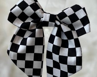 Checkered Flag Hair Bow, Race Car Barrette, marathon runner hair bow, gift for runners, black and white checked bow, 5 inch fabric hair bow