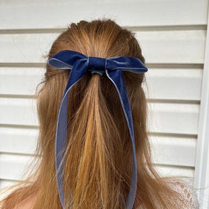 Long navy blue velvet bow for women, trending bows, blue velvet, barrette, fashion, long tail bow, blue ribbon,oversized bow, skinny ribbon