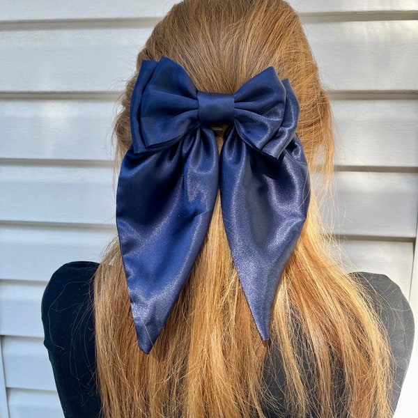 Large satin hair bow for women, satin bow, navy bow, oversized bow, navy satin bow, long tail bow, fashion bow, luxe bow, coquette hairbow