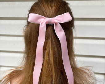 Long pink velvet bow, bow for women, Valentines bow, pink ribbon, elegant bow, fashion barrette, long tail bows, coquette bow, oversized bow