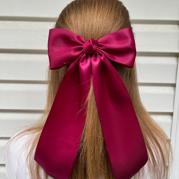 Large burgundy satin coquette hair bow, long tail bow, burgundy satin barrette, oversized bow, bridesmaid, luxe, teen, fashion, prom ribbon