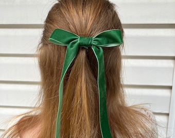 Long green velvet bow for women, St.Patrick’s Day, hair clip, elegant, fashion barrette, long tail bow, ribbon, oversized bow, skinny bow