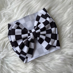 Black and white checked race car headwrap for baby, stretchy headband, big bow headband, stock car hair bow, oversized bow, checkered flag