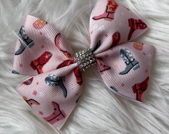Disco Cowgirl Hair Bow, Western Boot Print, Bling Clip