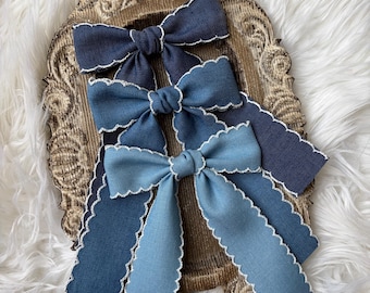 Denim Ribbon Hair Bow, Long Tail Moonstitch edge Ribbon, Boutique blue jean Hair Clip, hair accessory for girls