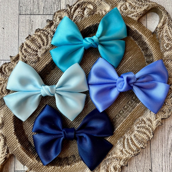 Blue satin bow for baby, turquoise headband bows, navy satin barrette, periwinkle hair clip, light blue satin fashion bow, baby headband