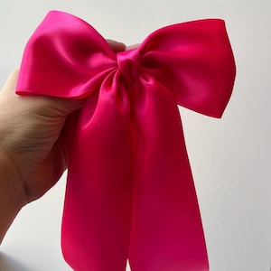 Large shocking pink satin coquette hair bow, long tail ribbon, pink satin barrette, bridesmaid bow, prom accessory, luxe bow, teen fashion