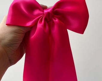 Shocking Pink Satin Hair Bow, Long Tails, Coquette Barrette, Valentines