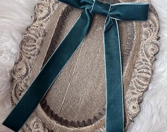 Long Hunter Green Velvet Hair Bow, Elegant Ribbon Clip