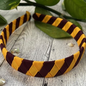 Woven headband, maroon and gold headband, wizard cosplay, wizard inspired, house color headband, braided headband, ribbon woven headband