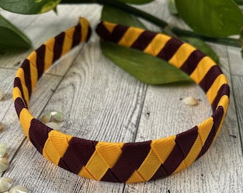 Woven headband, maroon and gold headband, wizard cosplay, wizard inspired, house color headband, braided headband, ribbon woven headband