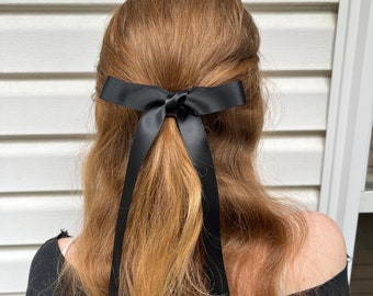 Black Satin Hair Bow, Long Ribbon Tail, Barrette or Clip for prom