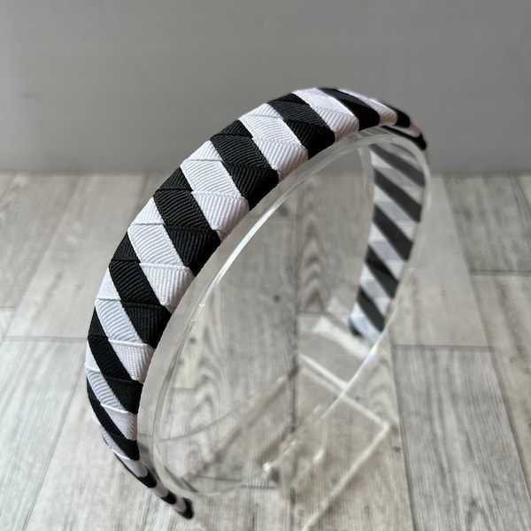 Black and white woven headband, 1 inch headband, school colors, cheerleader hair, ribbon headband, ribbon woven headband, black and white