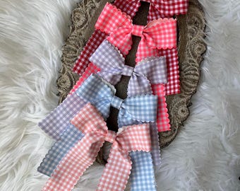 Gingham Scalloped ribbon Hair Bow with Long Tails, Summer Hair Clip, checked print bow, red and white gingham, blue and white check, bow