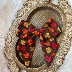 Fall Leaf Sailor Bow, Brown Fabric Barrette, Autumn Hair Clip