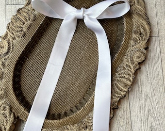 White Satin Hair Bow, Long Tails, Alligator Clip