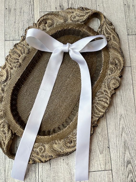 White Satin Hair Bow, Long Tails, Alligator Clip