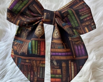 Bookshelf Hair Bow, Book Lover Gift, Sailor Bow, Library accessory, 5 inch fabric hair bow with tails, book bow, librarian gift, unique bow