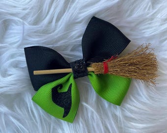 Wicked Witch Hair Bow, Neon Green, with Broom
