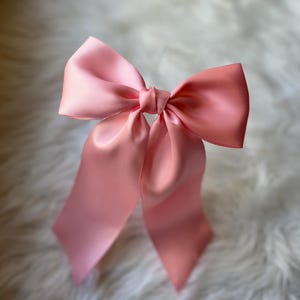 Large pink satin coquette hair bow, long tail ribbon, pink satin barrette, bridesmaid bow, prom accessory, luxe bow, teen fashion, trend
