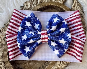 Patriotic Baby Headwrap, Stars & Stripes, Big Bow Turban, red white and blue hair bow, American flag bow