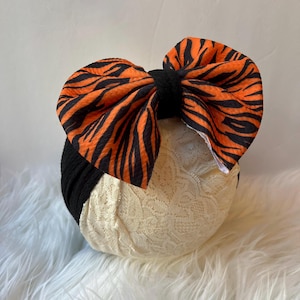 Tiger stripe stretchy headwrap for baby, baby girl turban, big bow headband, safari hair bow, oversized bow headband, orange and black bow