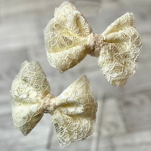 Lace pigtail bows, cute hair bow for girls, lace ponytail holder, white lace bow, ivory lace bow, baby headband, Easter bow, set of two bows