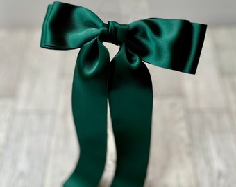 Hunter Green Satin Hair Bow, Long Tail Barrette, Coquette Fashion