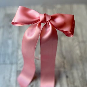 Long pink satin bow, bows for women, satin bows, coquette, barrette, hair clip, fashion bow, long tail bow, luxe bow, teen, long ribbon image 2