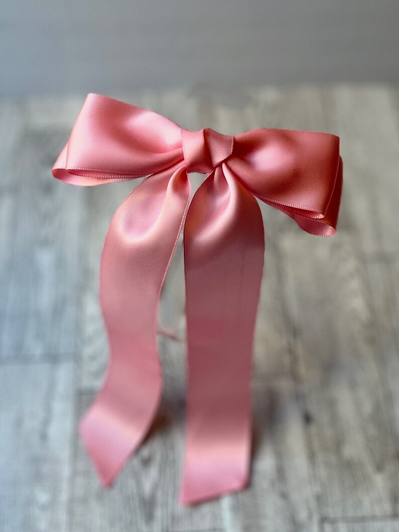 Long pink satin bow, bows for women, satin bows, coquette, barrette, hair clip, fashion bow, long tail bow, luxe bow, teen, long ribbon image 2