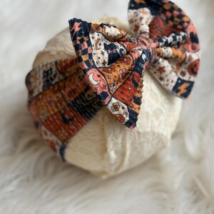 Halloween patchwork Baby Bow Headband, Soft Fabric Head Wrap, ghost, pumpkin, black cat stamp headband, oversized bow