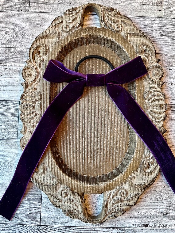 Dark Purple Velvet Hair Bow, Long Tails, Coquette Barrette  display picture 1
