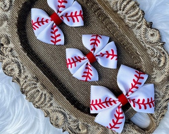 Baseball Stitch Grosgrain Hair Bow, Sports Pigtail Bows