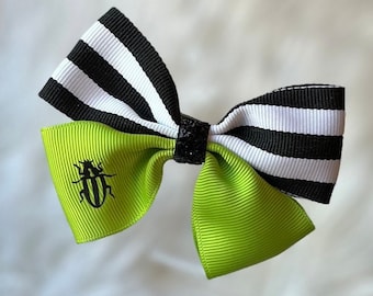 Lazo para el pelo de escarabajo, rayas blancas y negras, verde neón, lazo de Halloween