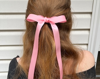 Medium pink satin skinny hair bow for women, satin bows, coquette, barrette, hair clip, fashion bow, long tail bow, luxe, teen, ribbon, prom