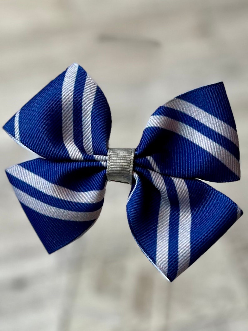 May include: A blue and white striped hair bow with a silver center.
