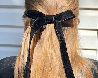 Long black velvet bow for women, valentine bow, barrette, trending bow, long tail bows, velvet ribbon, barrette, oversize bow, skinny bow