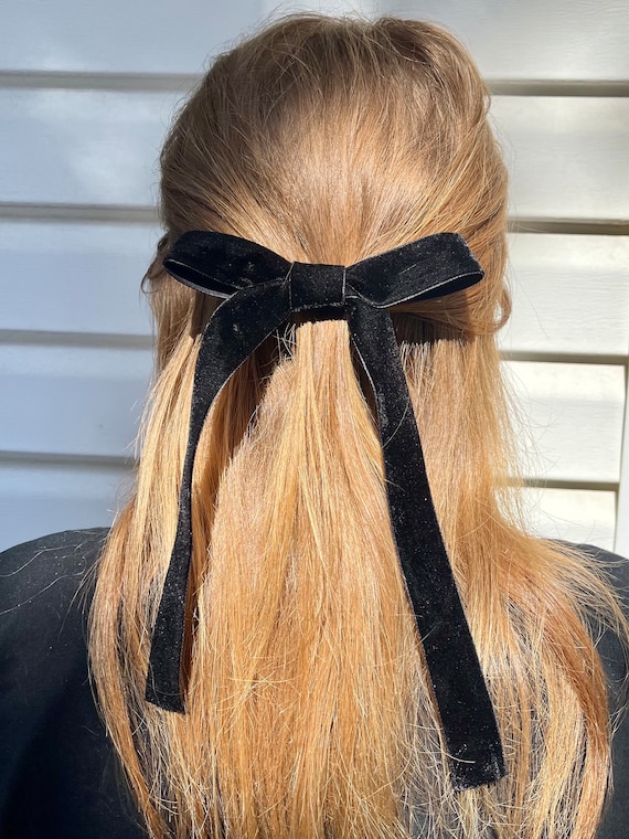 Long Black Velvet Bow Barrette, Trending Hair Ribbon