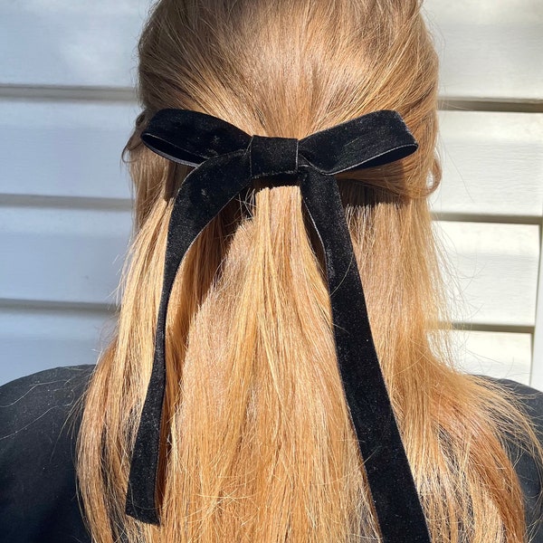 Long black velvet bow for women, valentine bow, barrette, trending bow, long tail bows, velvet ribbon, barrette, oversize bow, skinny bow