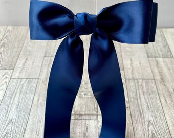 Long Navy Blue Satin Bow, Coquette Hair Clip Barrette