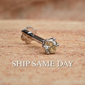 Pendiente de botón con diamante natural de 3 mm en oro blanco de 14 quilates, con rosca interna, perforación en solitario de 0,10 ct para trago y hélix, minimalista.
