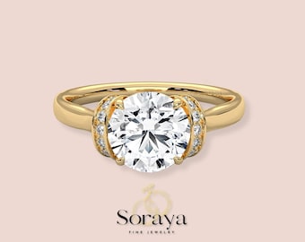 14K Yellow Gold 2ct Lab Grown Diamond Engagement Ring: Solitaire with Pavé
