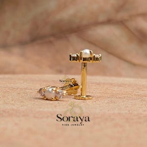 14K Gold Diamond & Freshwater Pearl Stud Earring | Tragus, Helix, Lobe Piercing | Cartilage Stud for Women | Internally Threaded Back Post