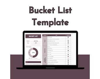 Op de afbeelding: Een laptopscherm met een bucketlist-sjabloon met een voortgangsbalk die 51% voltooiing aangeeft. Het sjabloon bevat categorieën voor reizen, avontuur, persoonlijke ontwikkeling en andere doelen. De gebruiker kan voltooide doelen afvinken.