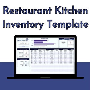 May include: A laptop computer displaying a spreadsheet with the title "Kitchen Inventory" and a graph showing the value of inventory per item. The spreadsheet includes columns for item name, quantity, unit cost, and total cost. The spreadsheet is dated January 30, 2023.