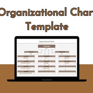 May include: A laptop computer screen displays an organizational chart template with the title "Organizational Chart Template". The chart is a hierarchical structure with the CEO at the top and various departments and employees listed below.
