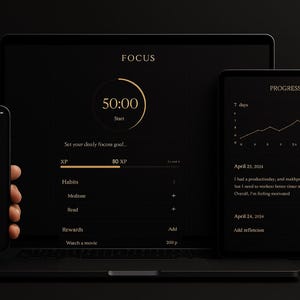May include: A black smartphone, laptop, and tablet display a productivity app interface. The app's interface features the word "FOCUS" and a timer set to 50:00. The tablet shows a progress graph and text. The overall theme is productivity and time management.