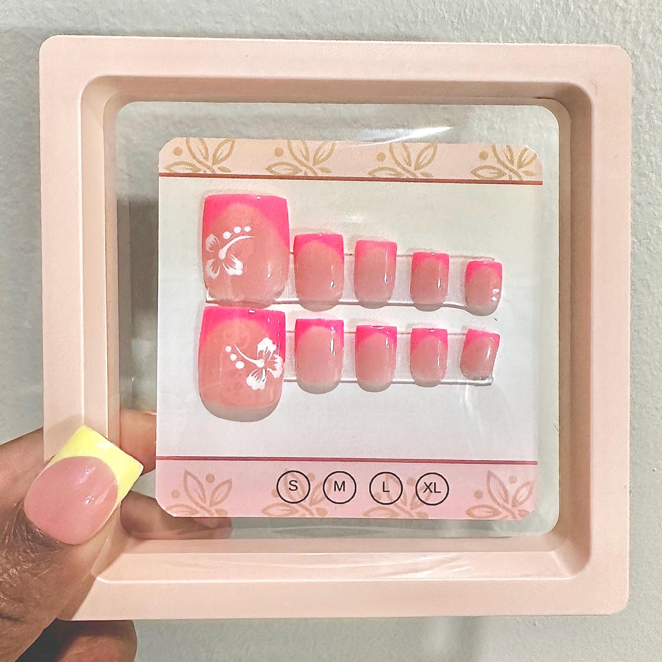 1/2 Short Pink - Tropical - French Toe Nails- Line Art Press-On Acrylic Nails-  Matching Pink Toes Design - Easy Application - Trendy