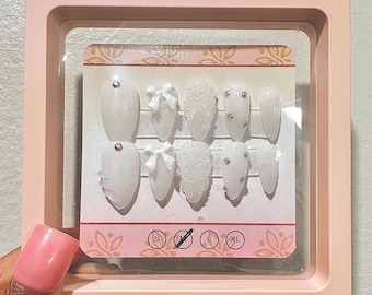 2/2 Milky White Press-Medium Oval- Elegant Gems – White Bows-Chic and Simple Nails- Trendy Nails &quot;